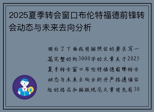 2025夏季转会窗口布伦特福德前锋转会动态与未来去向分析